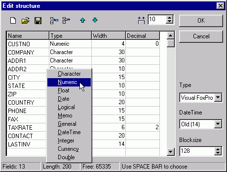 modify structure dbf file